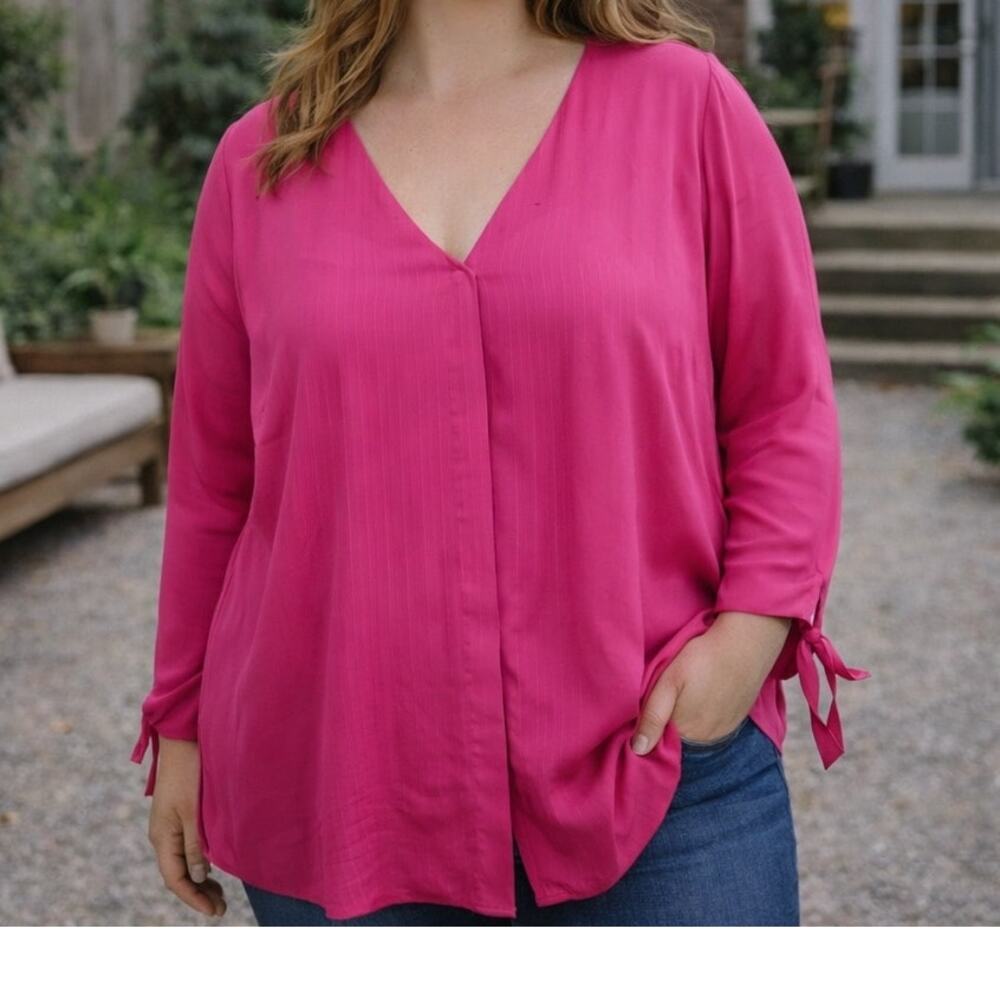 Eloquii Pink Button Front V Neck Long Sleeve  Tunic Top 24